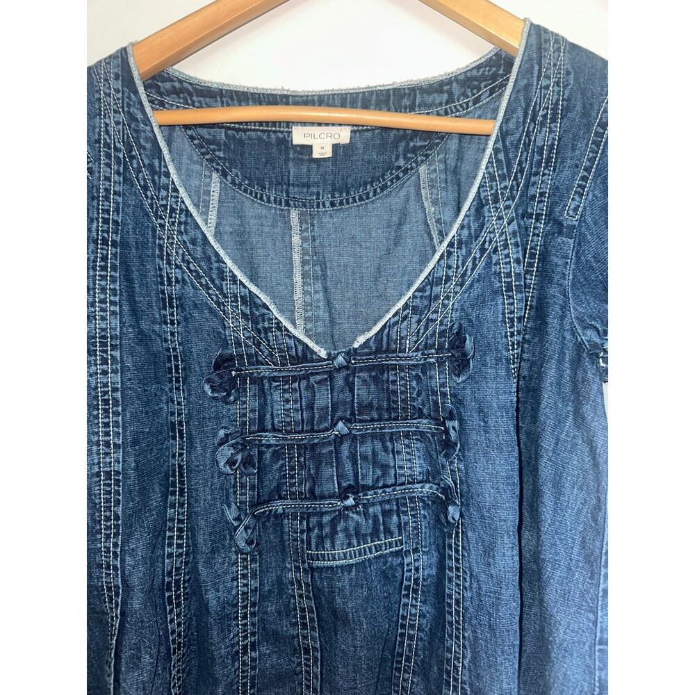 Pilcro Anthropologie Denim Chambray Blouse M Puff Sleeve Toggle Boho Top - Picture 5 of 5